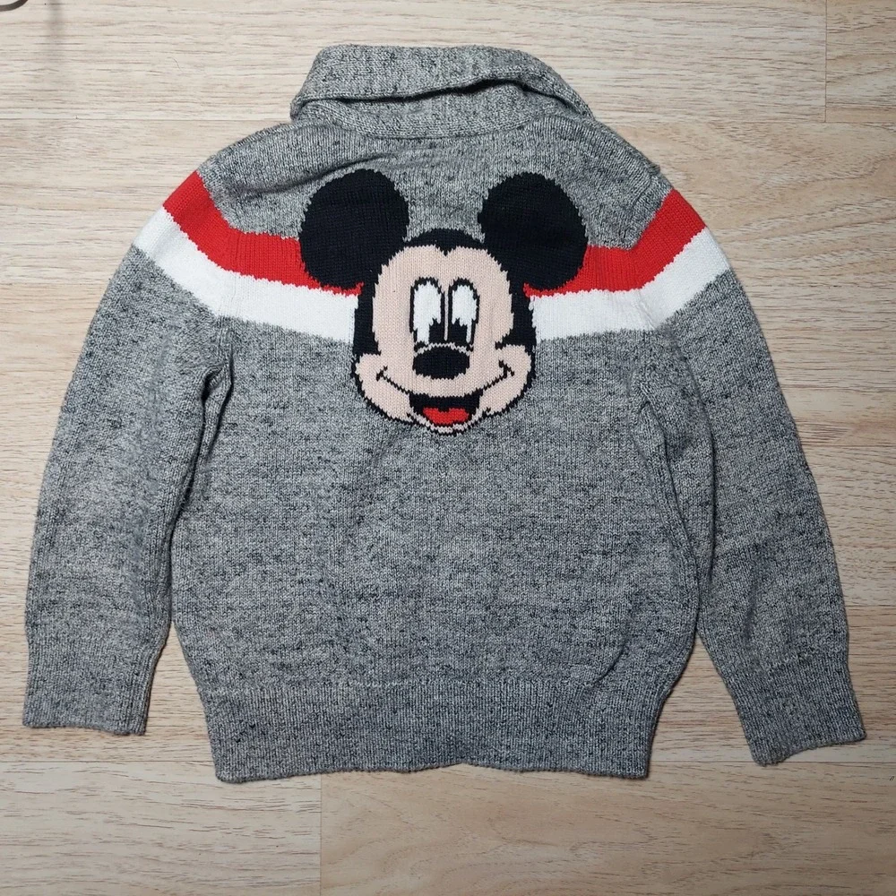 Baby Gap Disney Cardigan Toddler 4 Mickey Mouse Embroidered Wool‎ Gray Zip Up